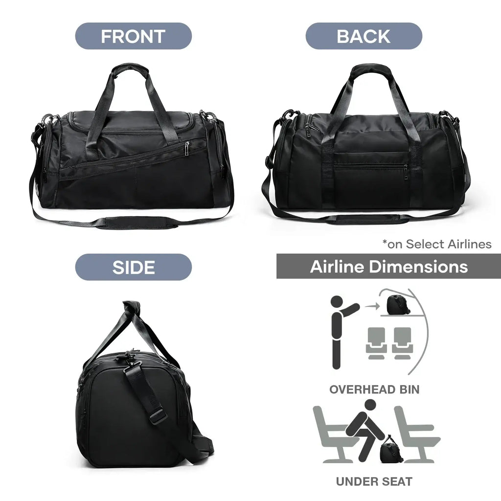 Black nylon waterproof sports gym duffel bag with dual top handles and adjustable shoulder strap