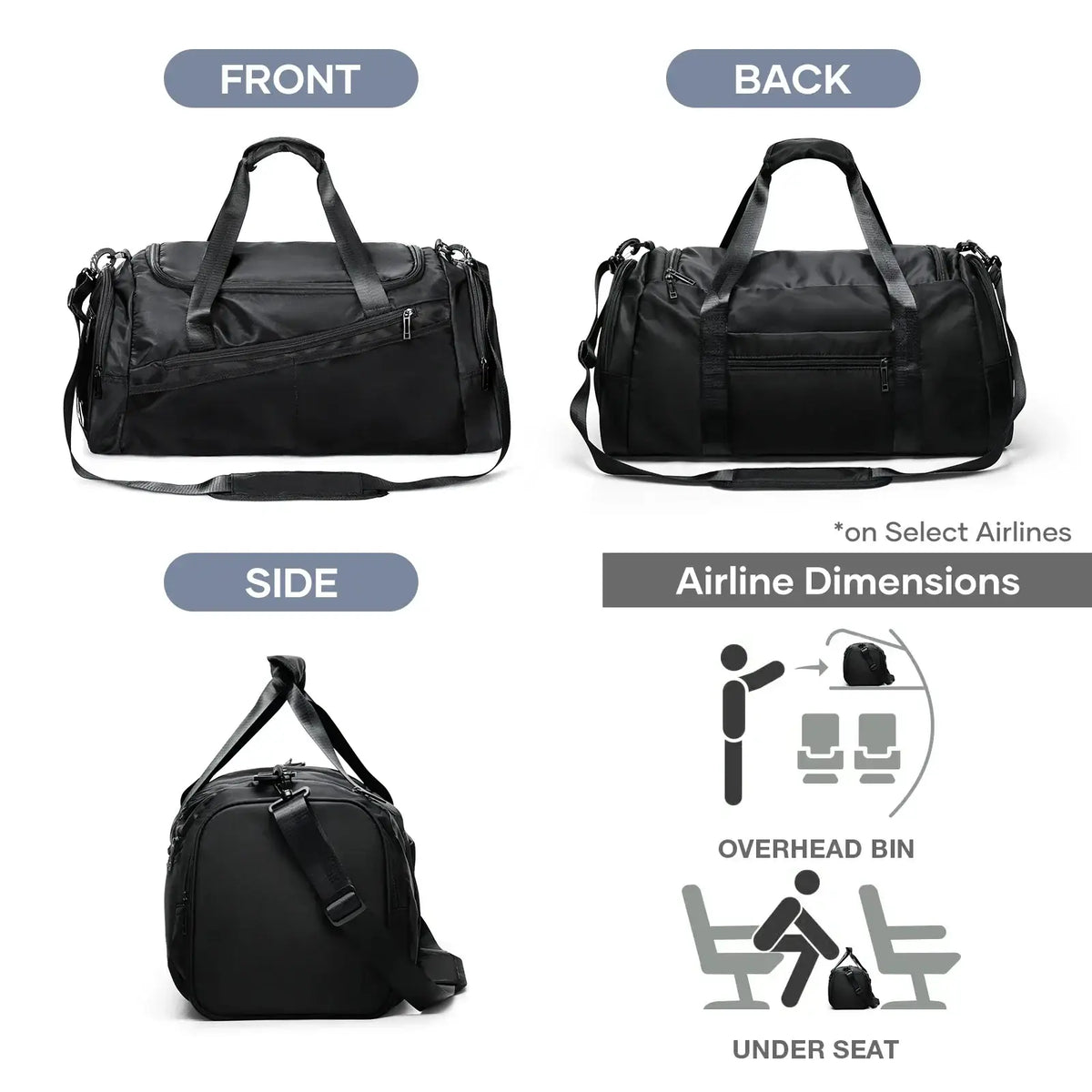 Black nylon waterproof sports gym duffel bag with dual top handles and adjustable shoulder strap