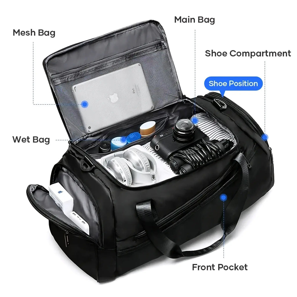 Black nylon waterproof sports gym duffel bag with mesh lining and multiple compartments for organized storage