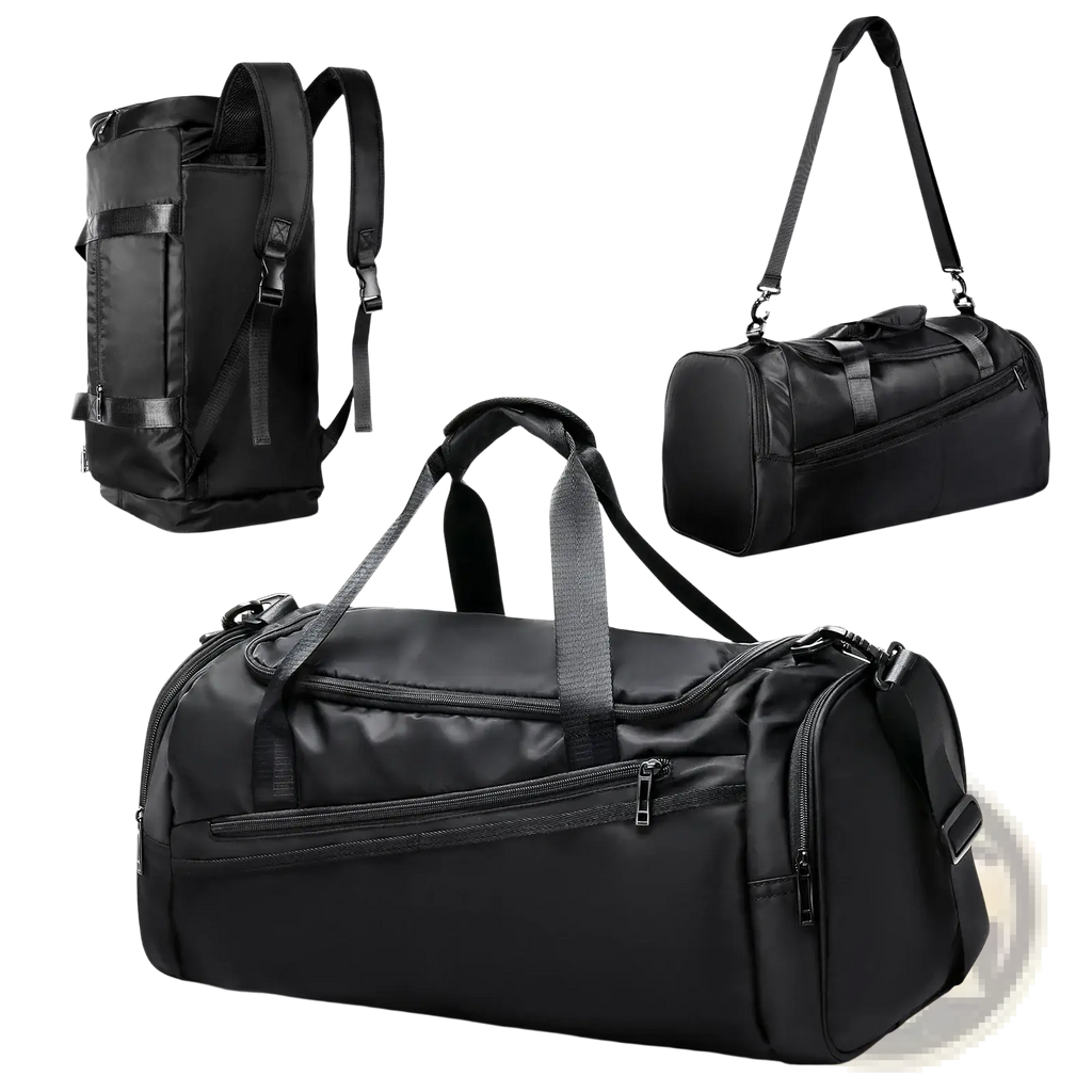 Black nylon waterproof sports gym duffel bag with multiple zippers and adjustable straps for easy carrying