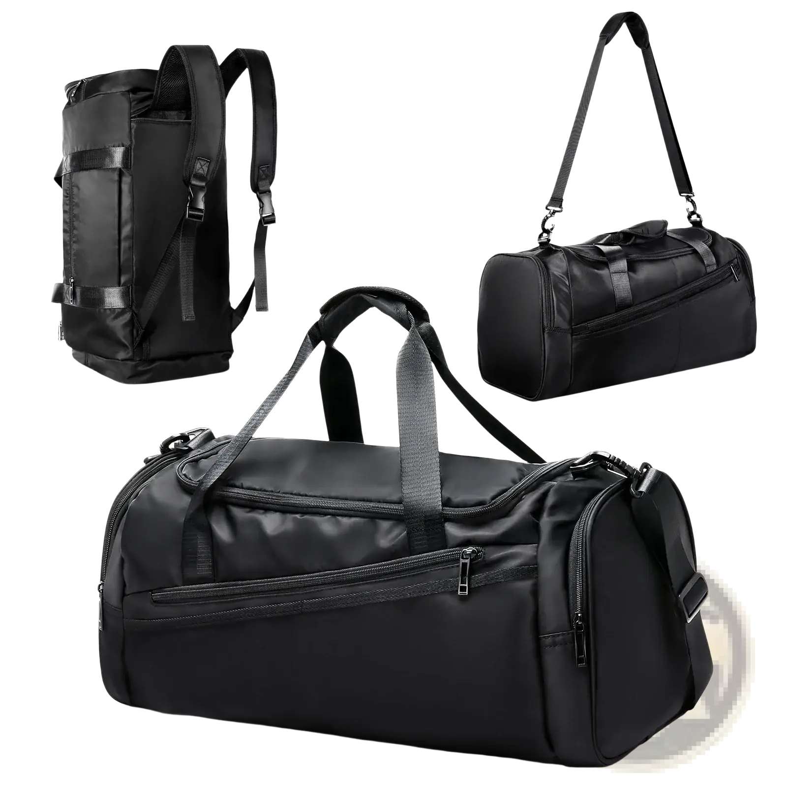 Black nylon waterproof sports gym duffel bag with multiple zippers and adjustable straps for easy carrying