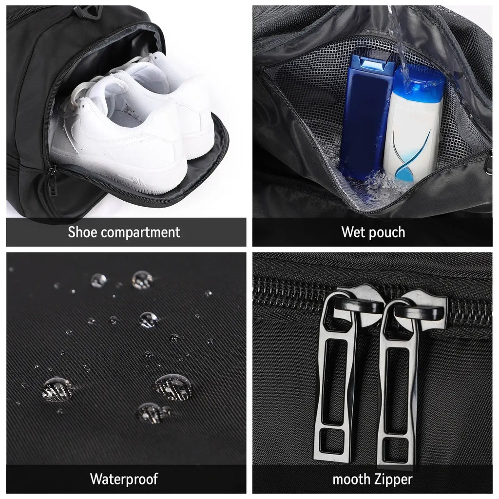 Black waterproof sports gym duffel bag with shoe compartment and wet pouch for organized fitness storage