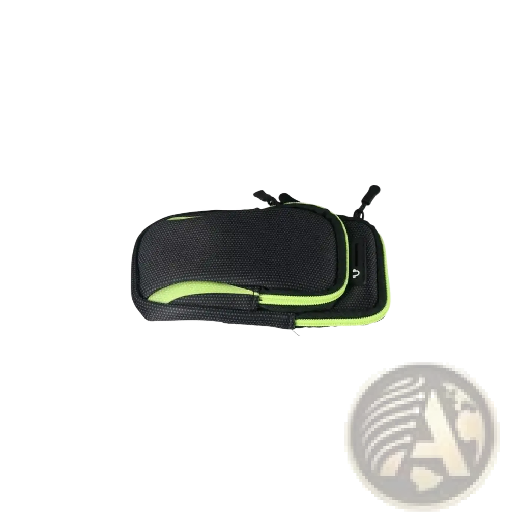 Waterproof sports phone armband bag in black mesh with neon green zipper accents and dual zippers shown from back side