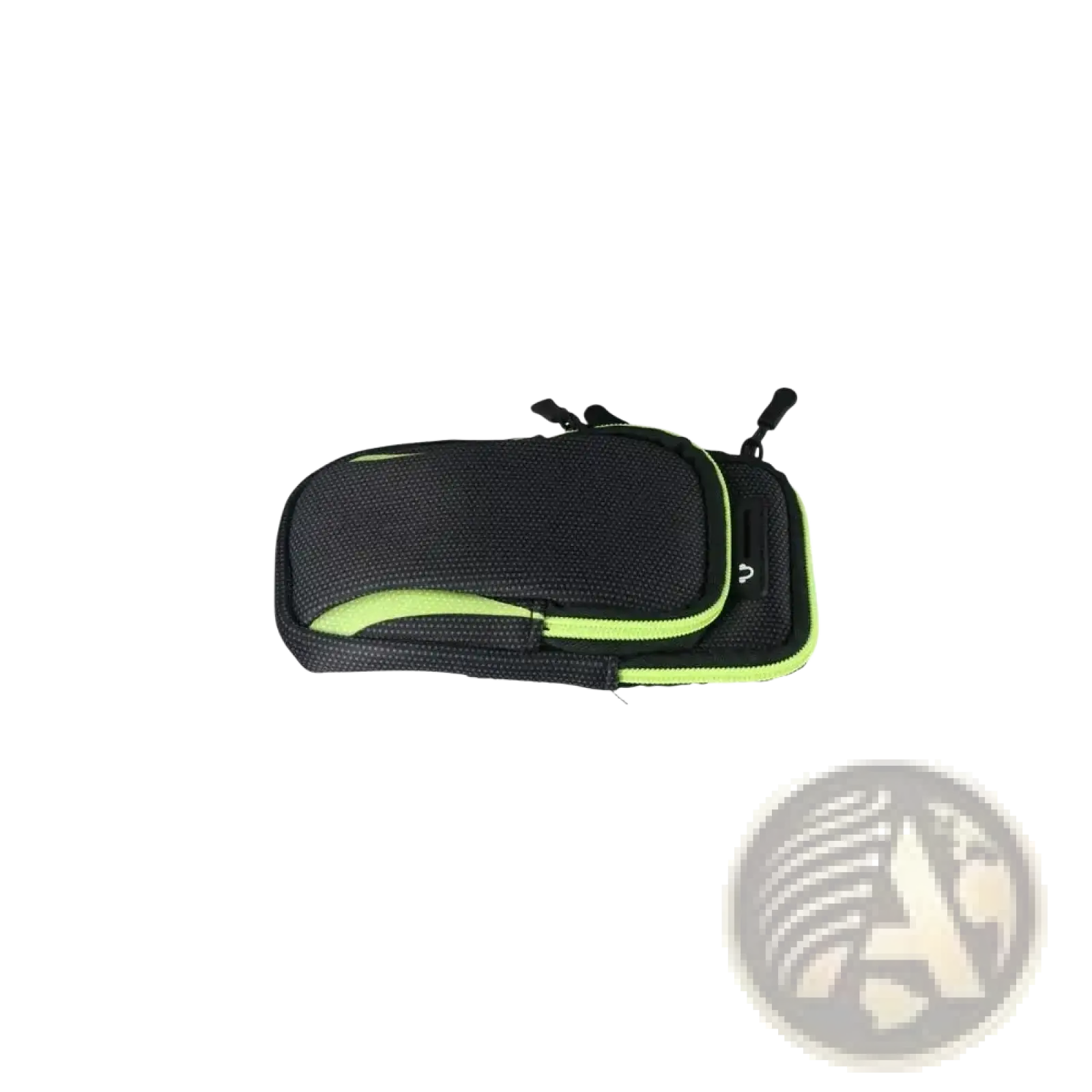 Waterproof sports phone armband bag in black mesh with neon green zipper accents and dual zippers shown from back side