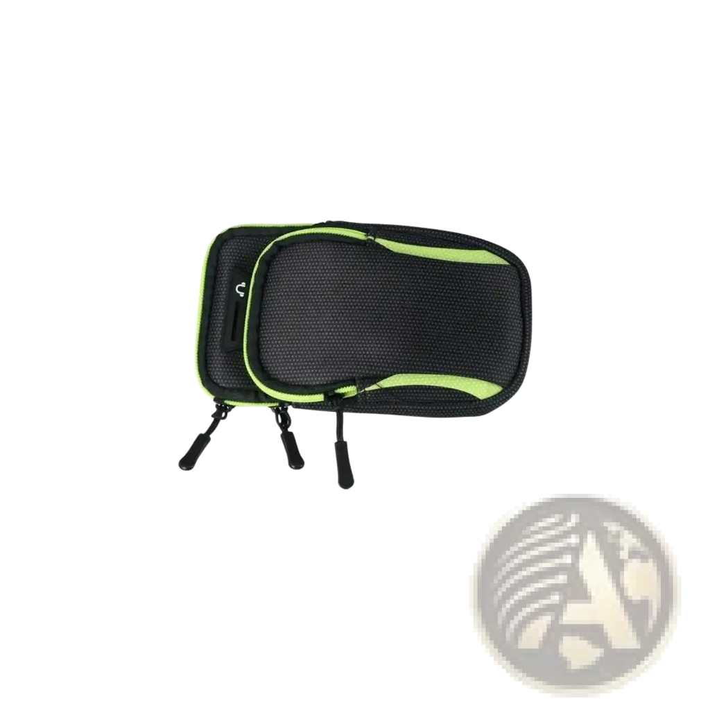 Black mesh waterproof sports phone armband bag with neon green zipper trim and dual zippers shown from the back side
