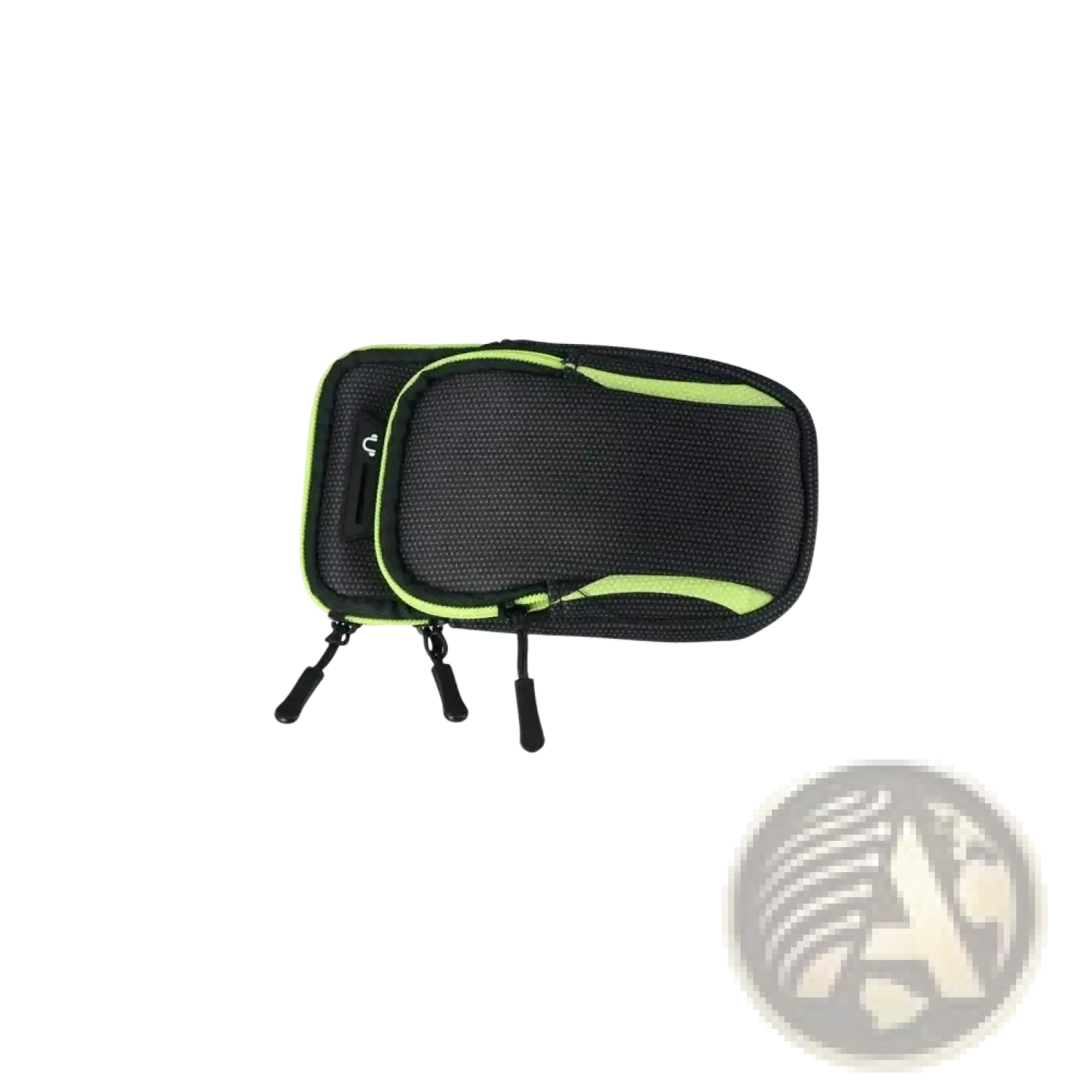 Black mesh waterproof sports phone armband bag with neon green zipper trim and dual zippers shown from the back side