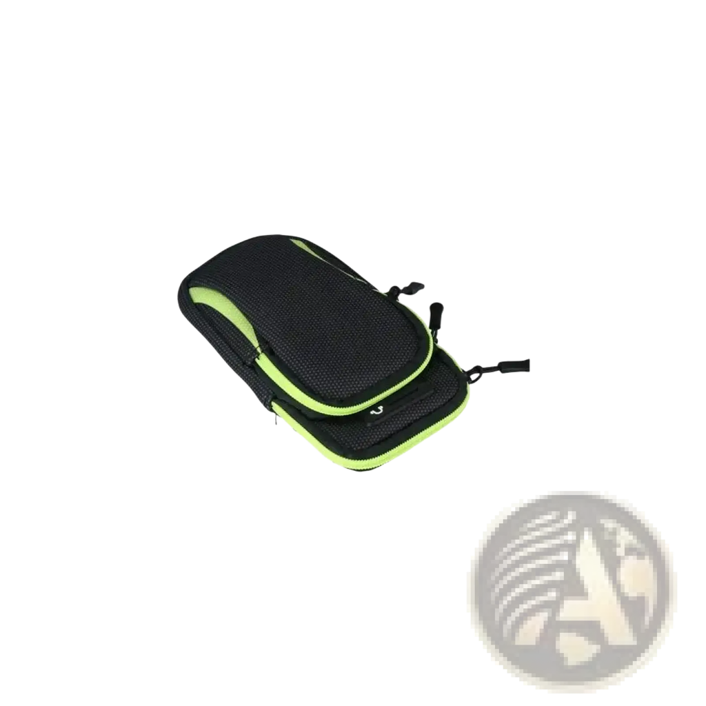 Black mesh waterproof sports phone armband bag with neon green zipper and trim for active use