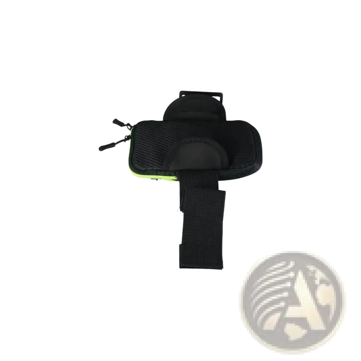 Waterproof sports phone armband bag in black mesh with neon green zipper trim and adjustable strap for secure use