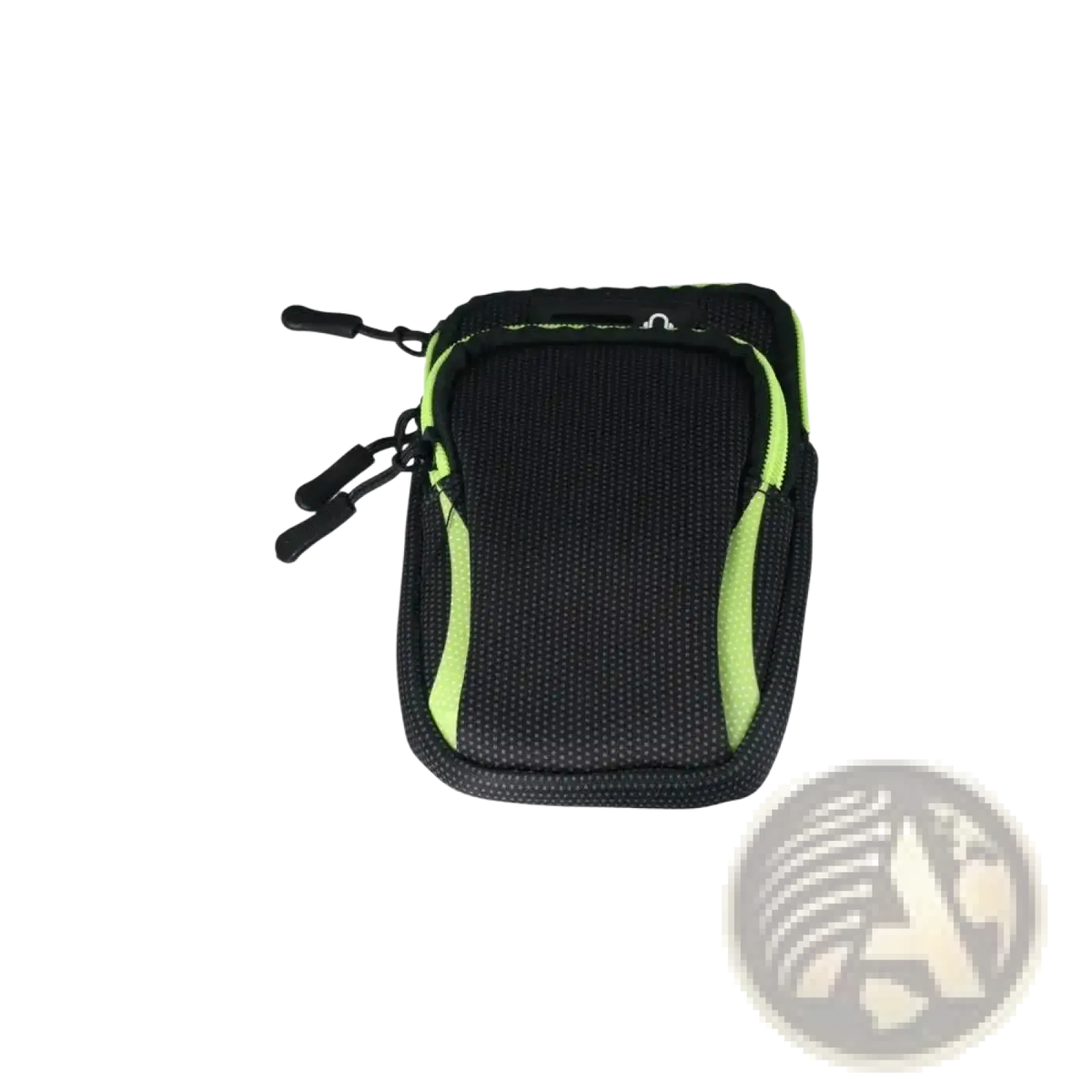 Black and neon green mesh waterproof sports phone armband bag with zipper closure for secure storage