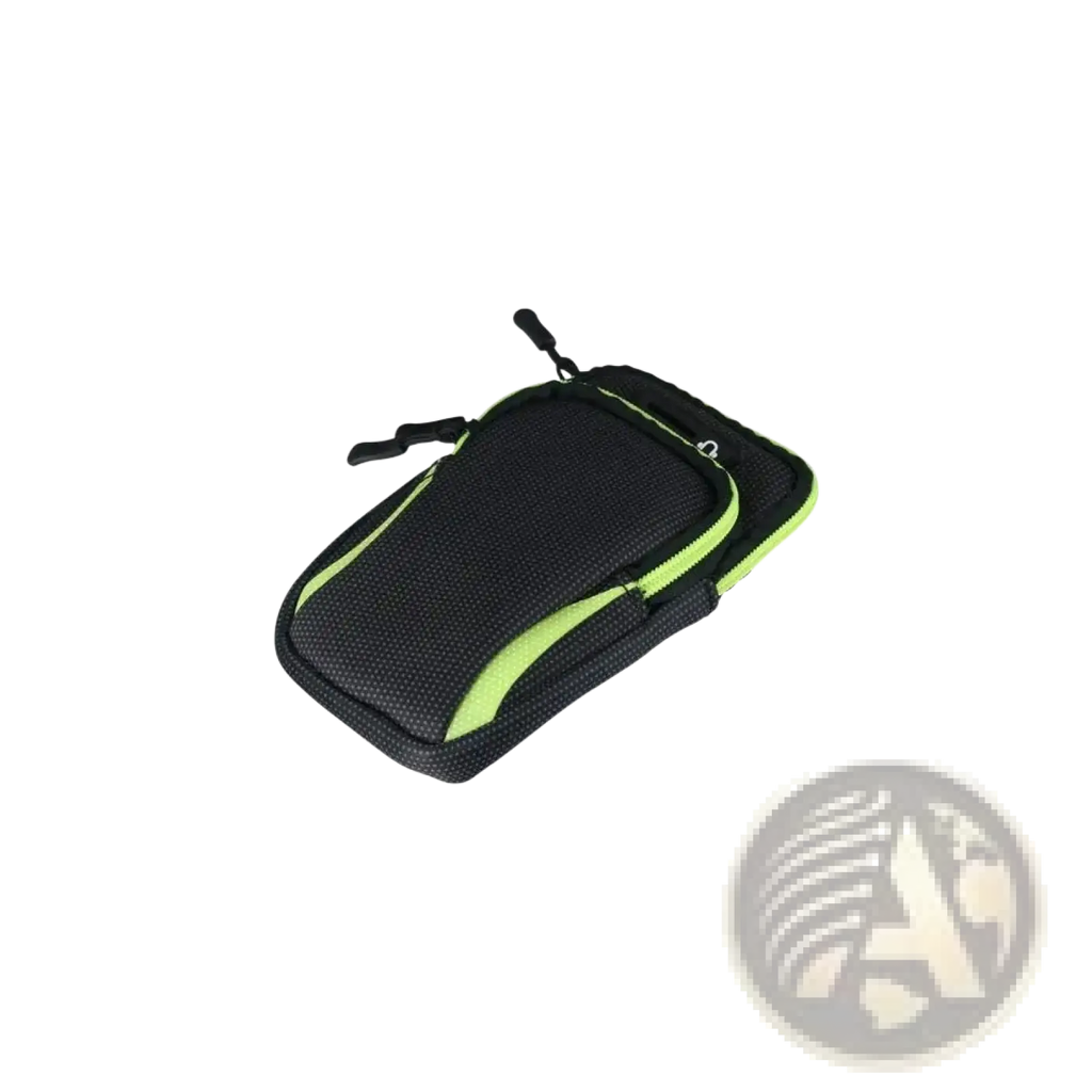 Waterproof sports phone armband bag in black mesh with neon green zipper and trim for active use