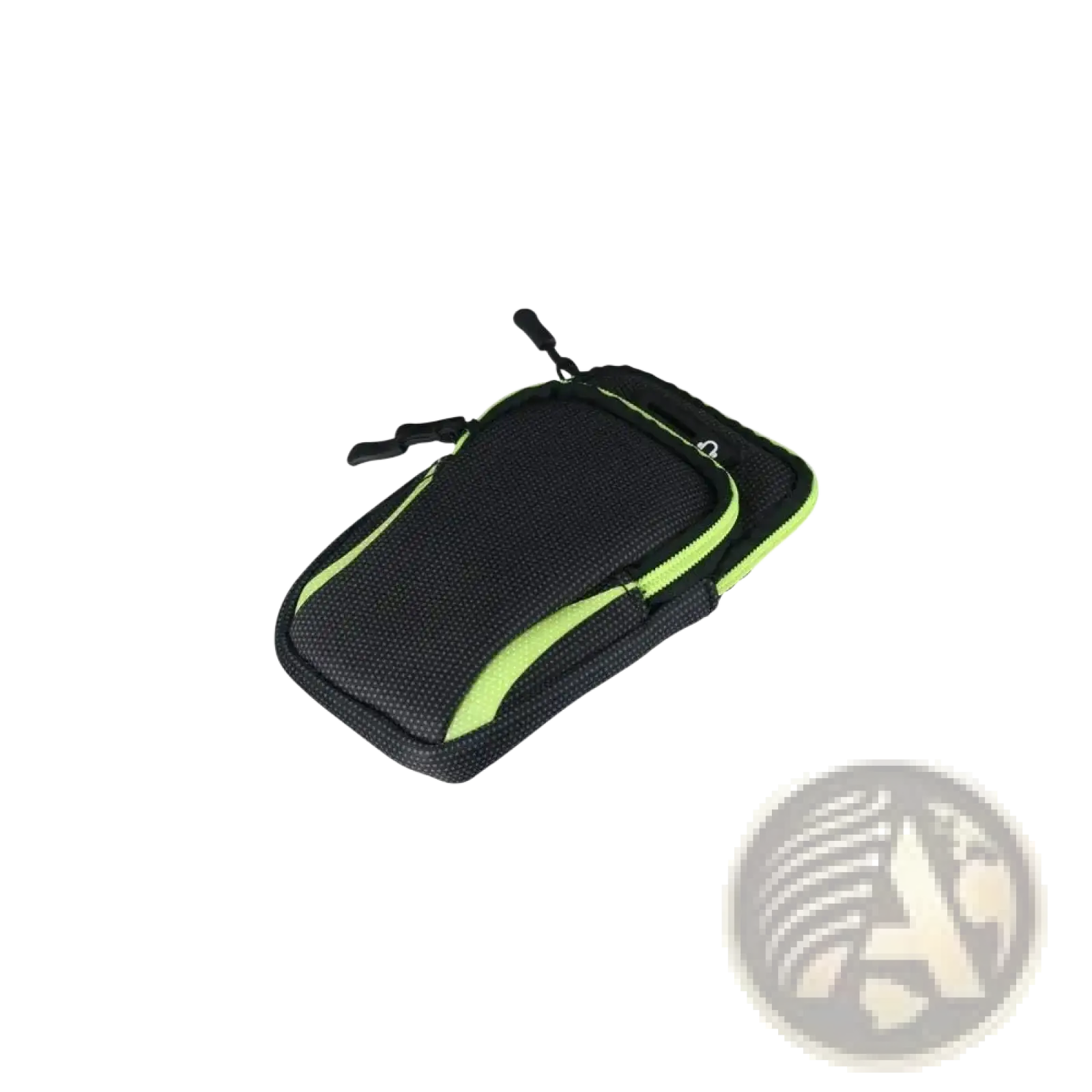 Waterproof sports phone armband bag in black mesh with neon green zipper and trim for active use