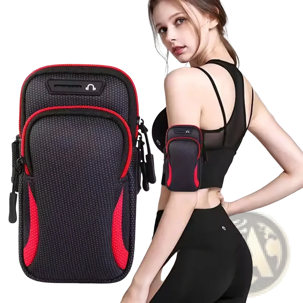 Waterproof sports running armband in black and red mesh with zipper pockets and headphone slot for smartphones