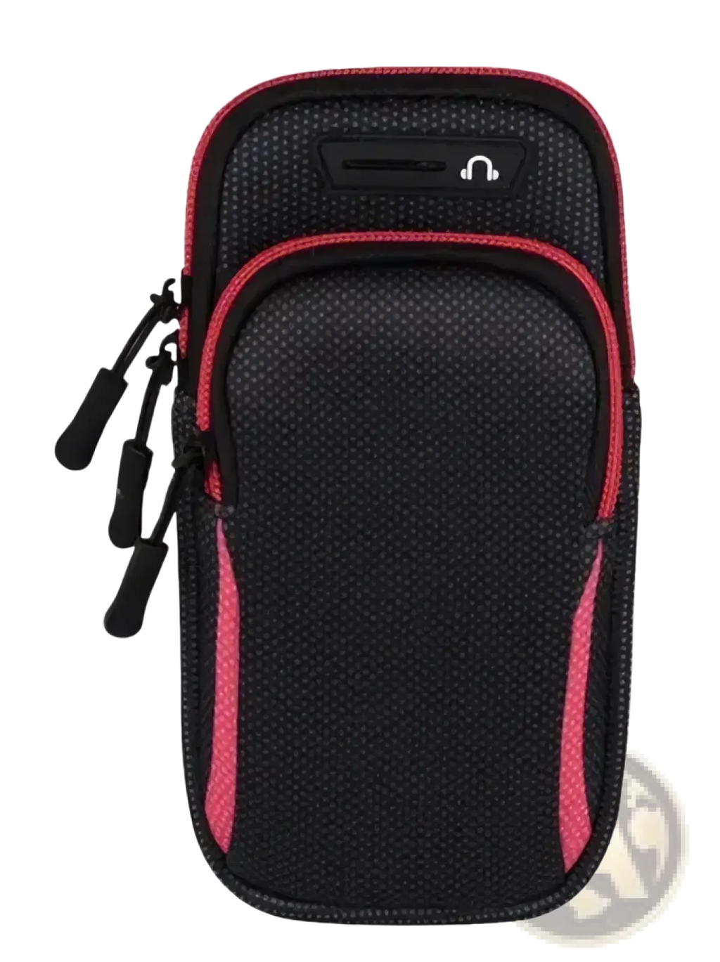Waterproof sports running armband for smartphones in black and pink mesh with red zipper pulls