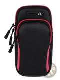 Waterproof sports running armband for smartphones in black and pink mesh with red zipper pulls