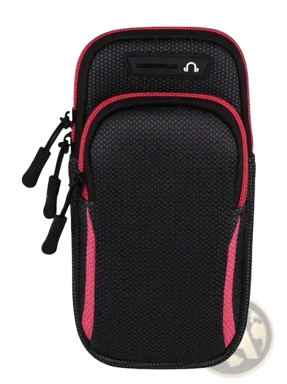 Waterproof sports running armband for smartphones in black and pink mesh with red zipper pulls