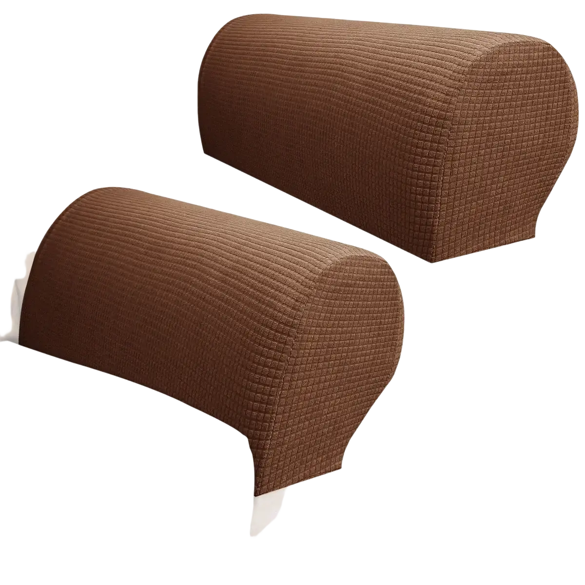 Brown ribbed textured elastic armrest cover made of dark gray spandex for sofa and chair use waterproof stretch design