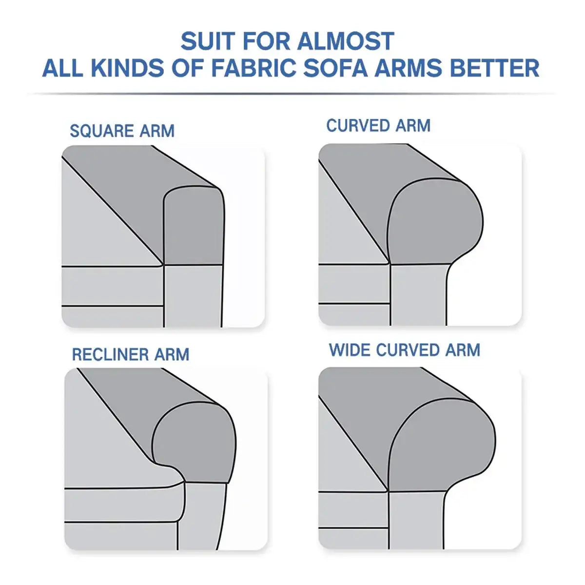 Dark gray waterproof stretch spandex armrest cover designed to fit square curved recliner and wide curved sofa arms