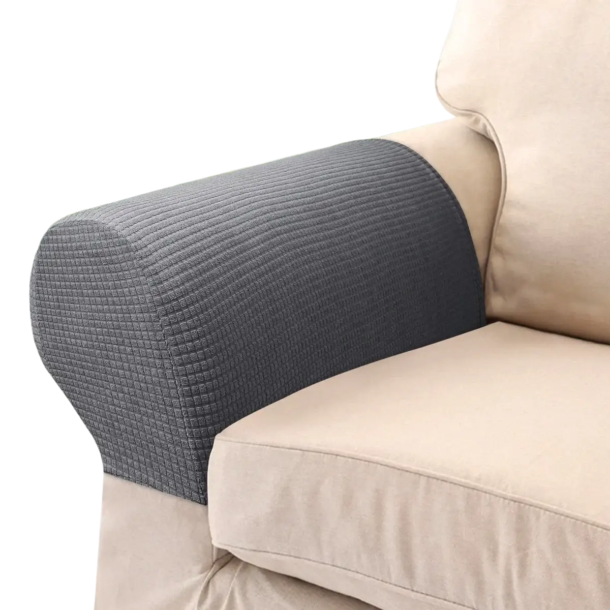 Dark gray spandex waterproof stretch armrest cover snugly fitted over a beige sofa arm with textured fabric