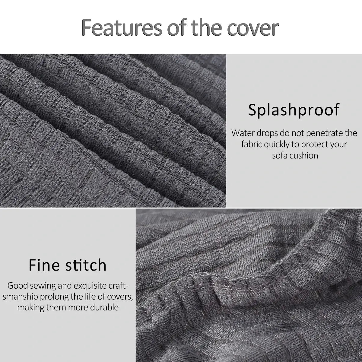 Dark gray textured spandex armrest cover with fine stitching and splashproof design for waterproof protection