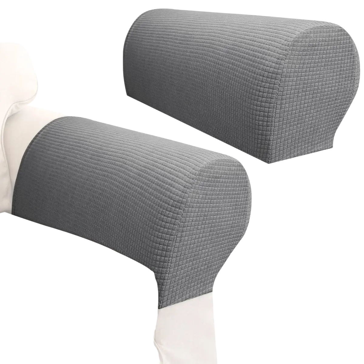 Waterproof stretch armrest cover in dark gray spandex with gray textured fabric for durable armrest protection