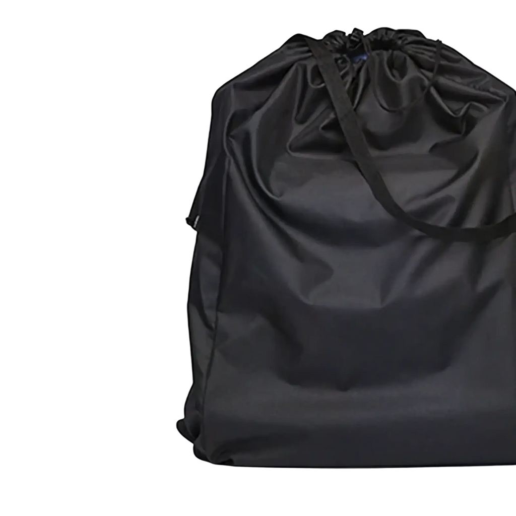 Black waterproof stroller travel bag backpack with drawstring designed for compact foldable baby carriage back view