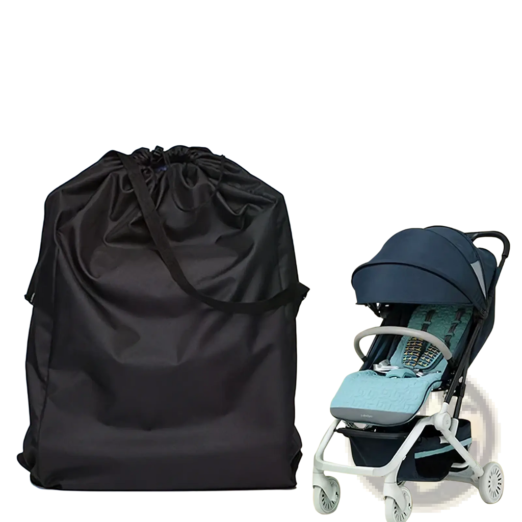 Black waterproof drawstring stroller cover made of durable material designed for travel and outdoor use