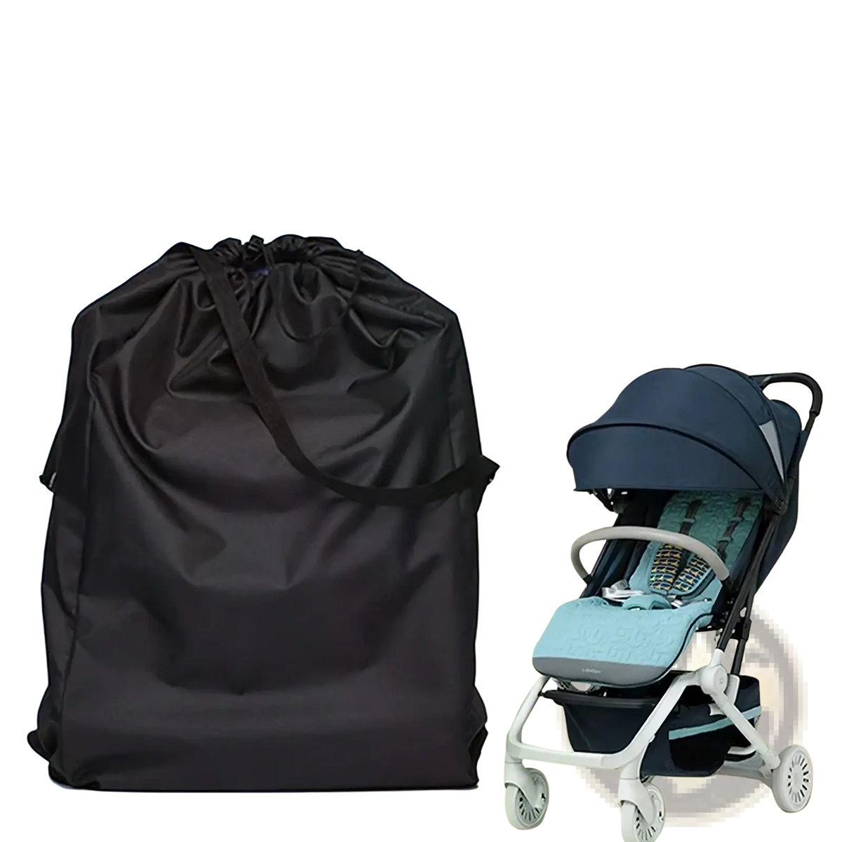 Black waterproof drawstring stroller cover made of durable material designed for travel and outdoor use