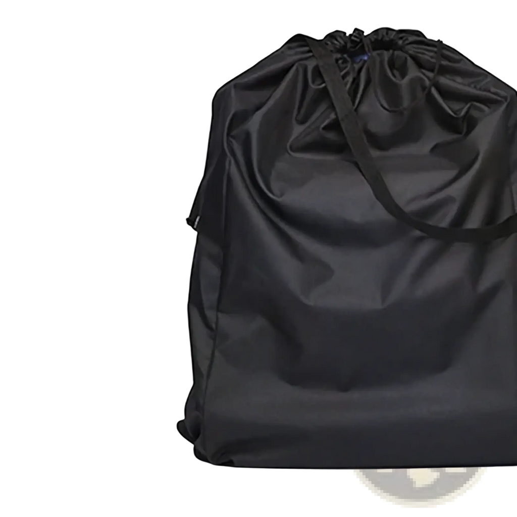 Black waterproof stroller travel bag backpack with drawstring designed for compact foldable baby carriage back view