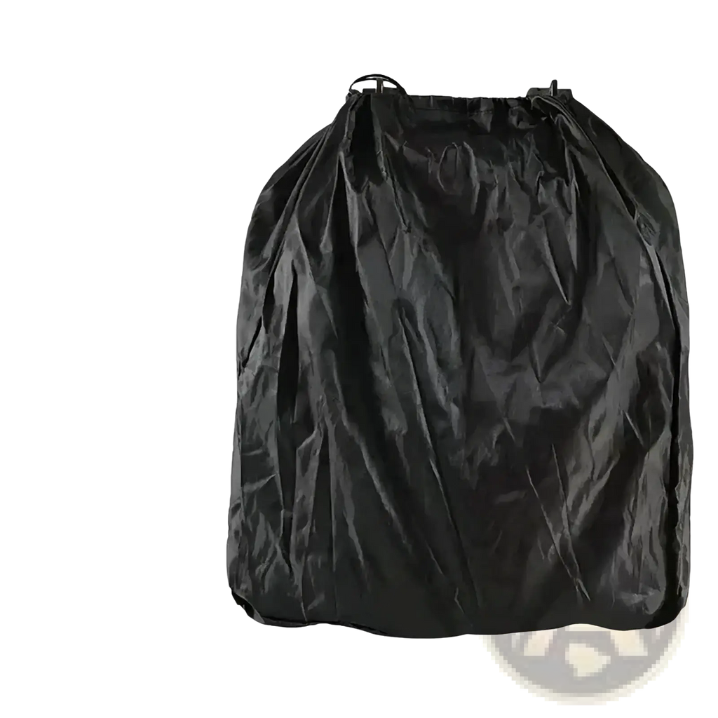 Black waterproof stroller travel bag backpack with drawstring rain cover shown from the back side