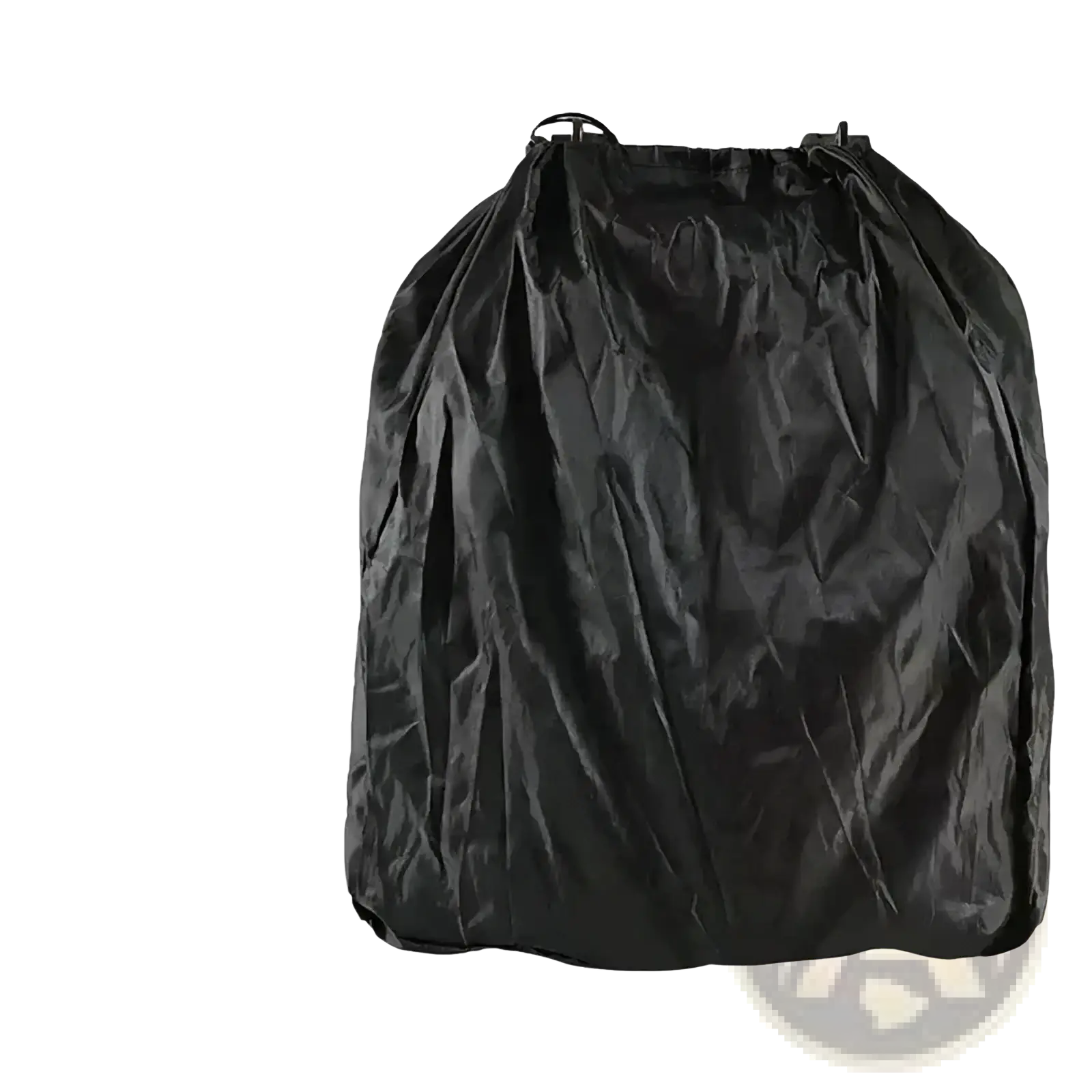 Black waterproof stroller travel bag backpack with drawstring rain cover shown from the back side