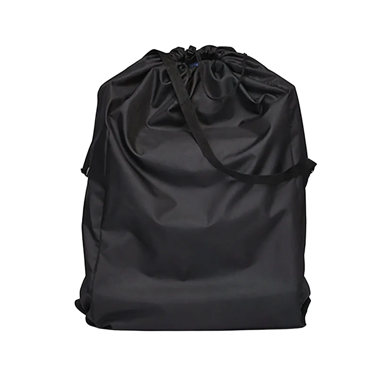 Black waterproof stroller travel bag backpack made of smooth synthetic fabric with a single shoulder strap and drawstring closure