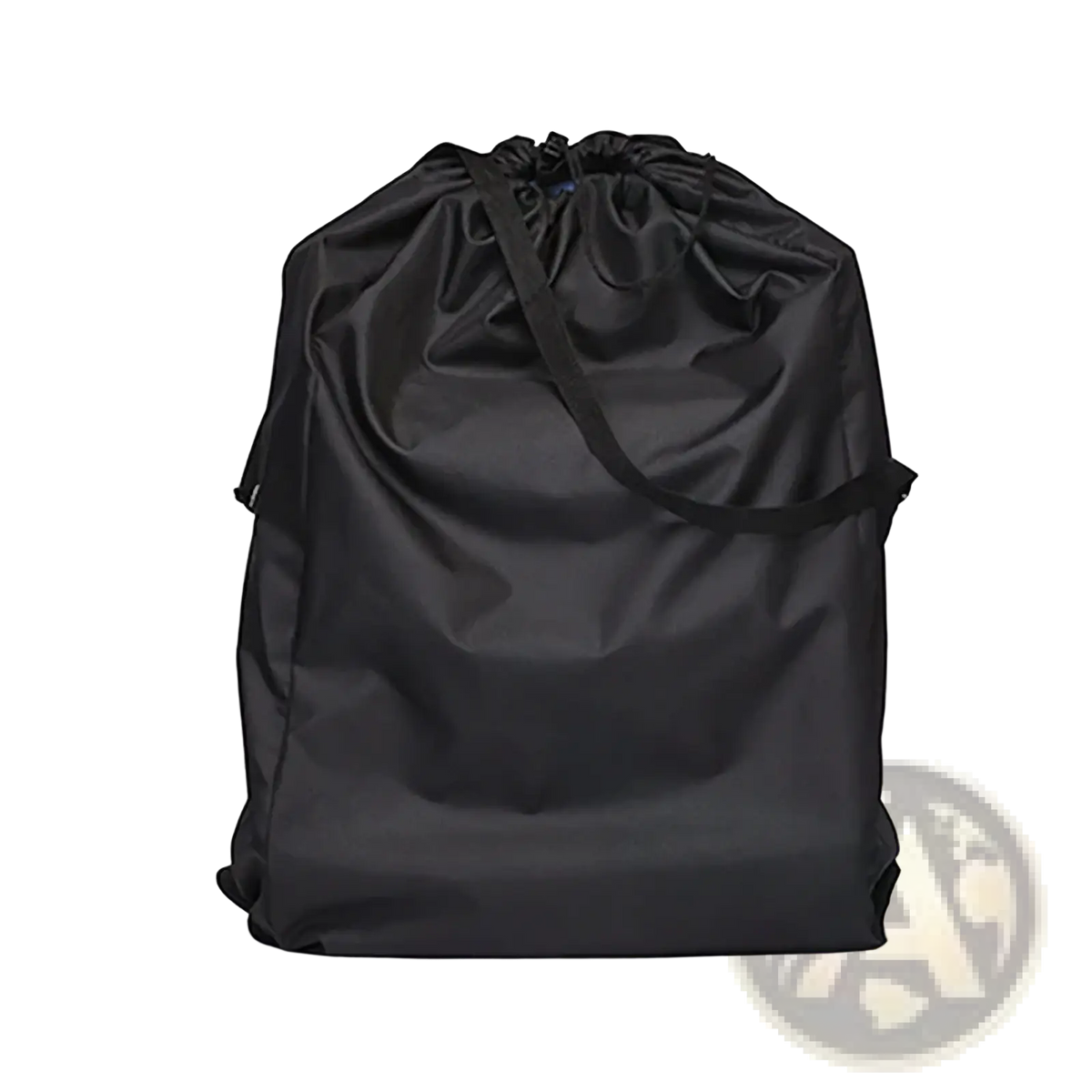 Black waterproof stroller travel bag backpack made of smooth synthetic fabric with a single shoulder strap and drawstring closure