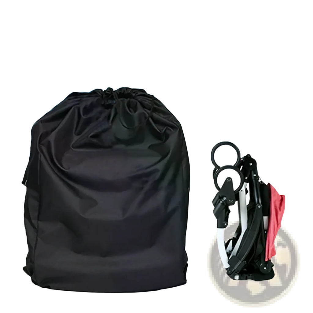 Black waterproof drawstring storage bag made of durable fabric next to a folded stroller for travel convenience