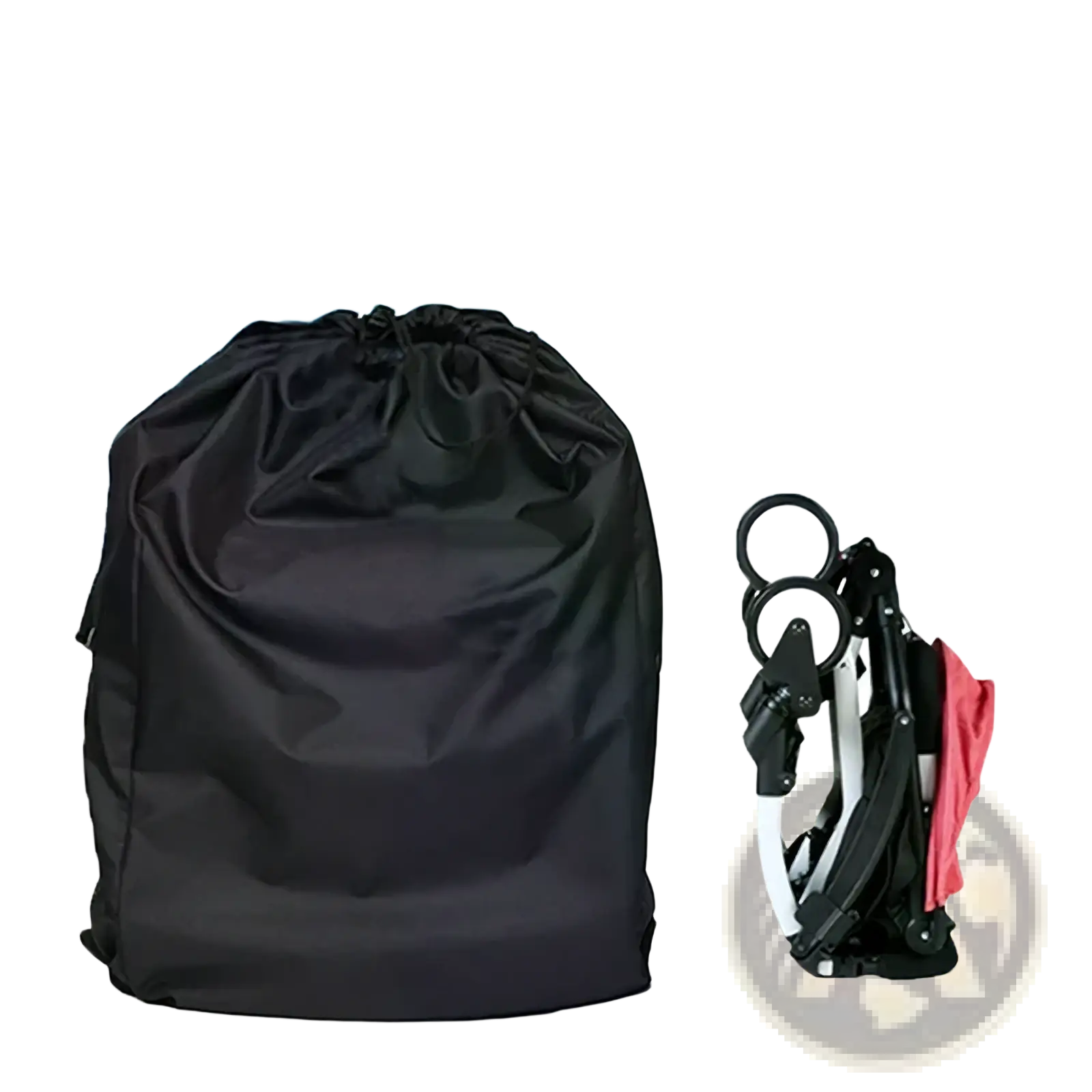 Black waterproof drawstring storage bag made of durable fabric next to a folded stroller for travel convenience
