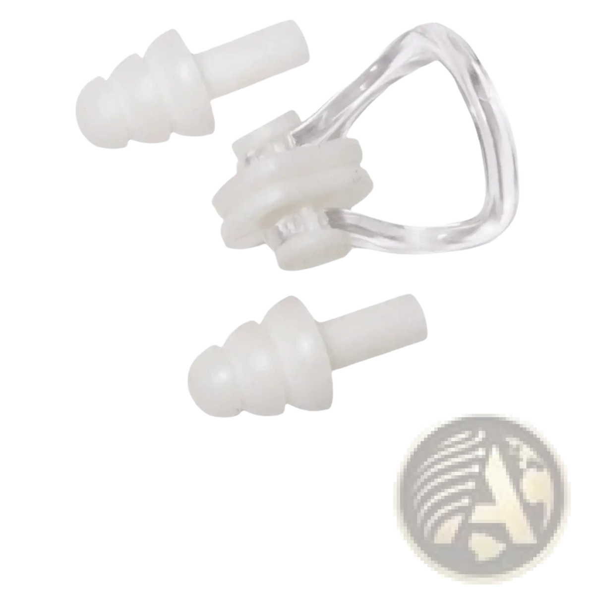Waterproof swim earplugs and nose clip set featuring clear plastic nose clip and two white silicone earplugs