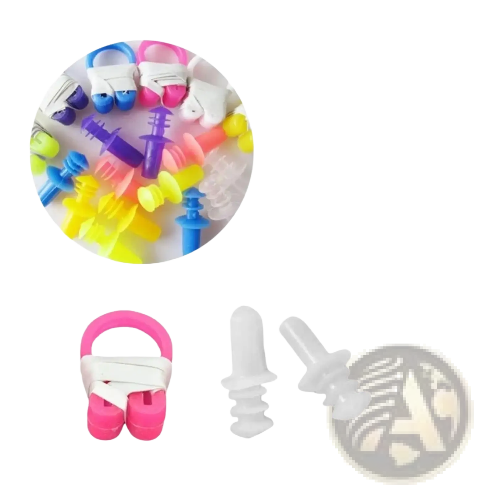Pink silicone nose clip with white rope strap for waterproof swim earplugs and nose clip set