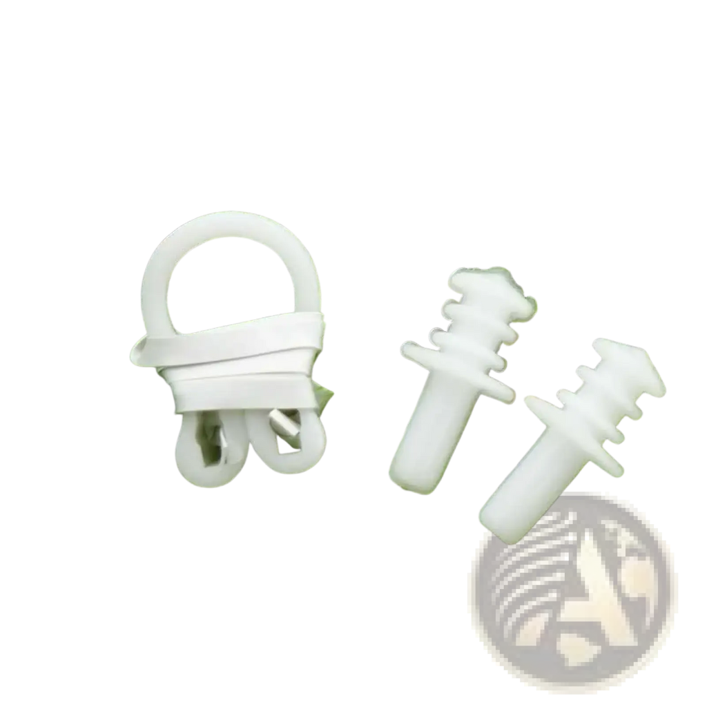 White plastic car door handle latch and lock mechanism components shown from the back side for waterproof swim earplugs and nose clip set