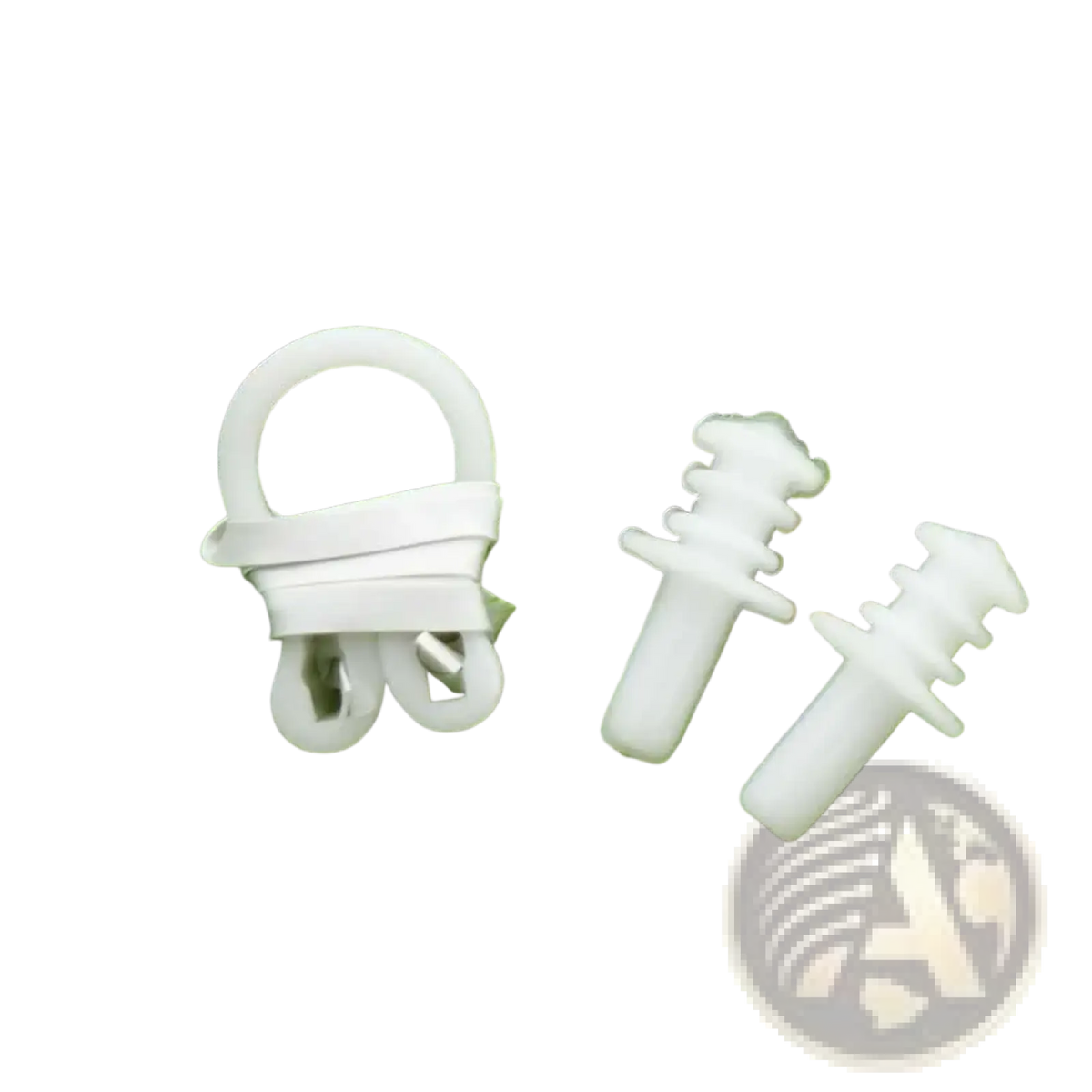 White plastic car door handle latch and lock mechanism components shown from the back side for waterproof swim earplugs and nose clip set