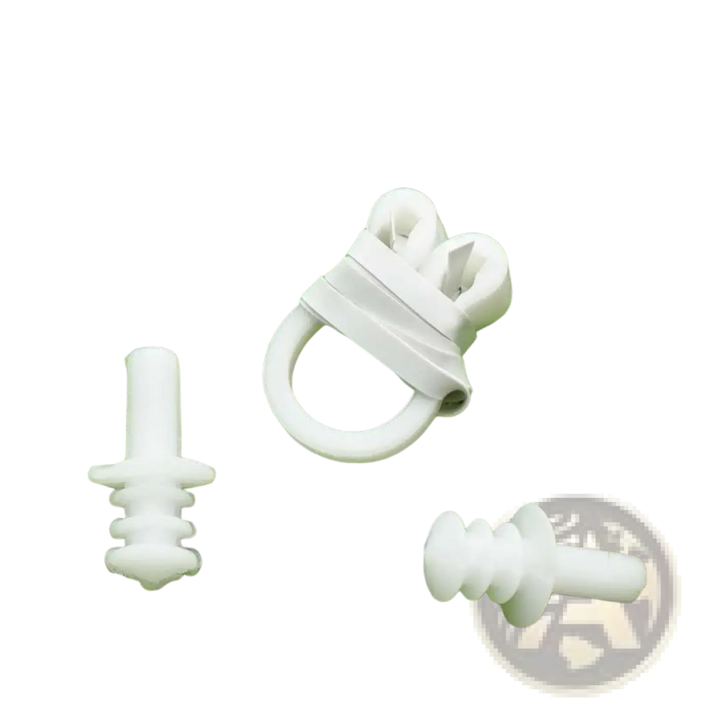 White plastic nasal dilator with ring and two inserts from waterproof swim earplugs and nose clip set
