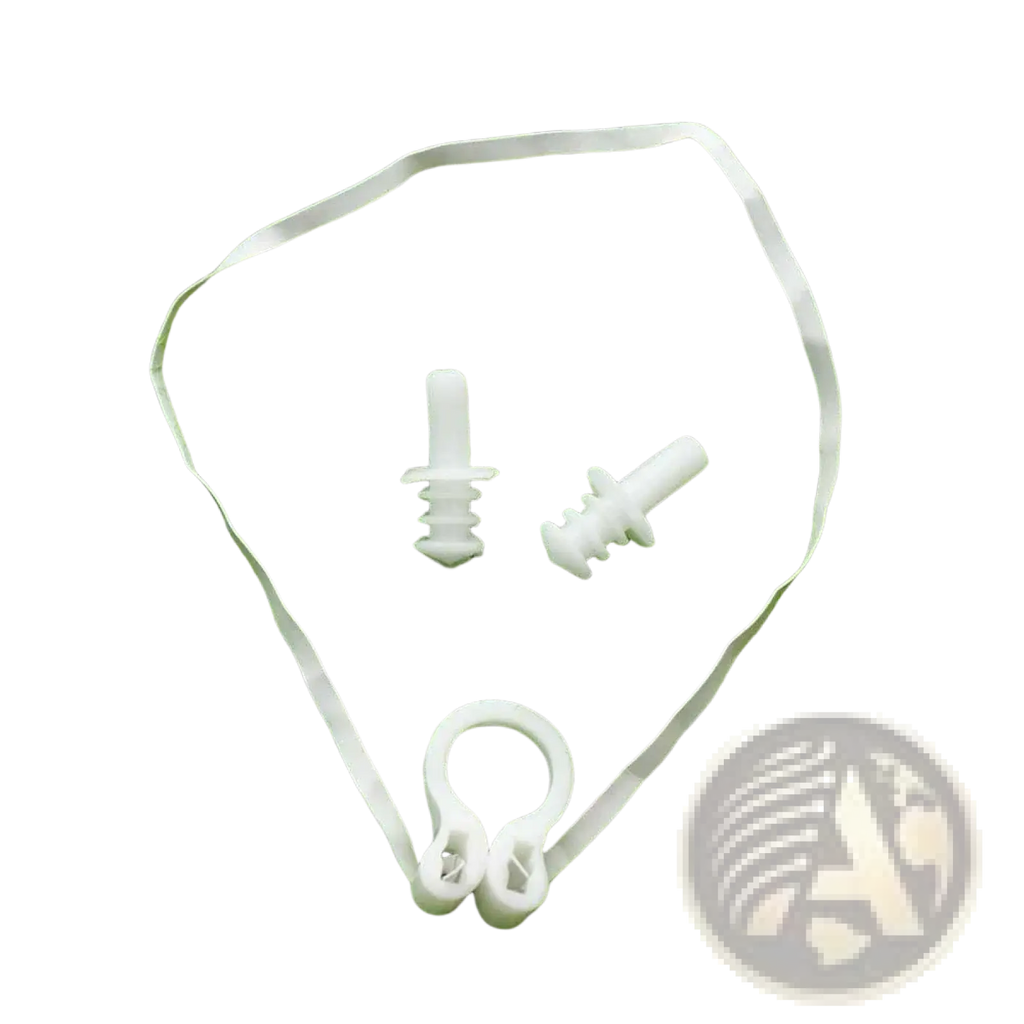 White plastic nasal dilator with looped strap for easy handling in waterproof swim earplugs and nose clip set