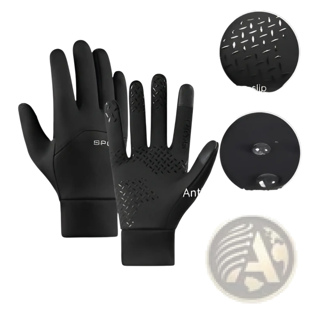 Black waterproof thermal touchscreen gloves with non-slip silicone fingertips and soft velvet lining for warmth