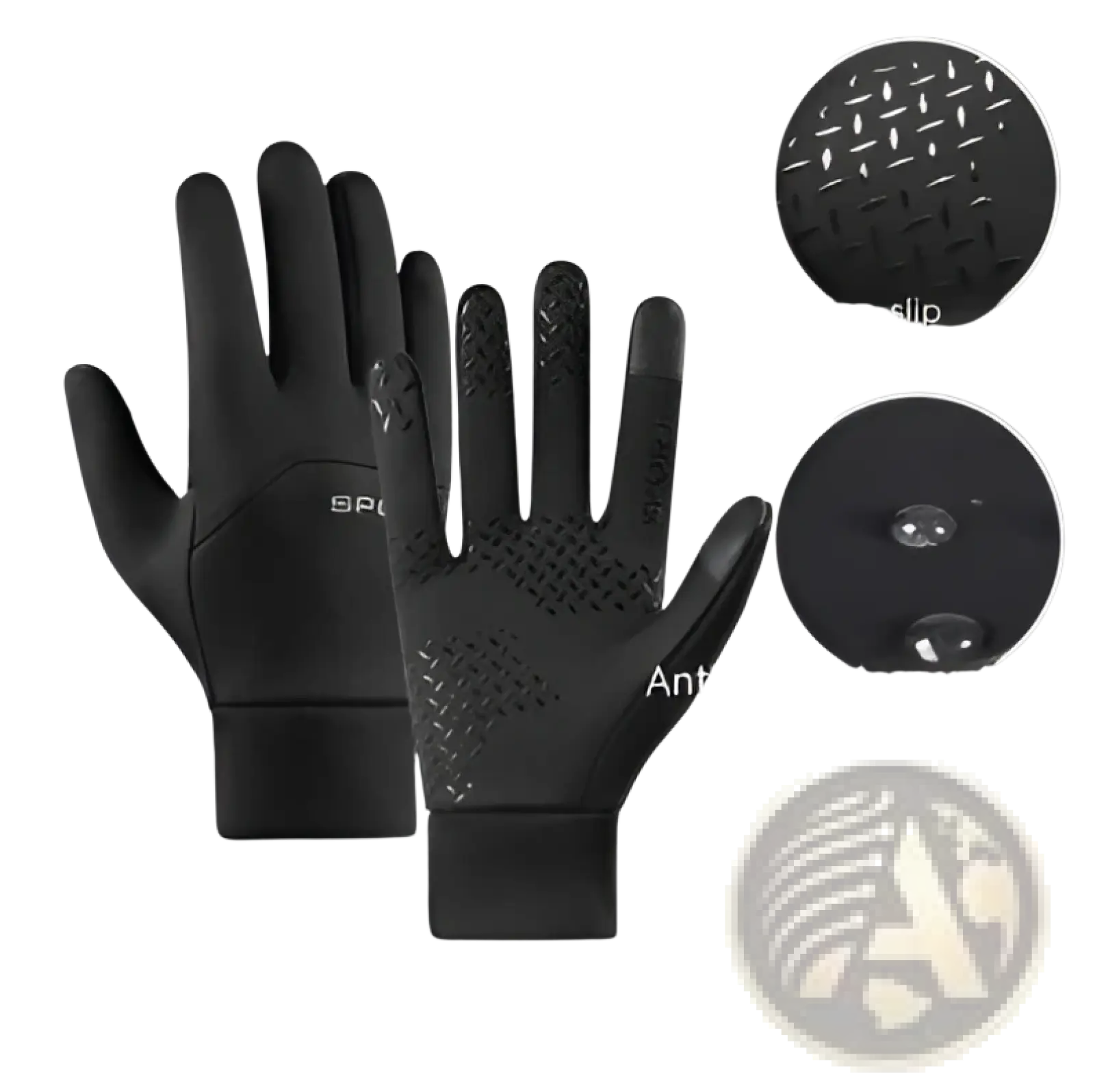 Black waterproof thermal touchscreen gloves with non-slip silicone fingertips and soft velvet lining for warmth