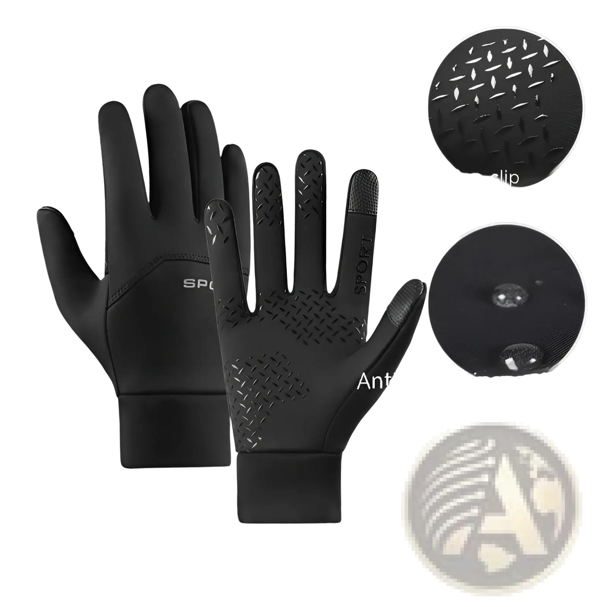Black waterproof thermal touchscreen gloves with non-slip silicone grip on fingers and palm for warmth and water resistance