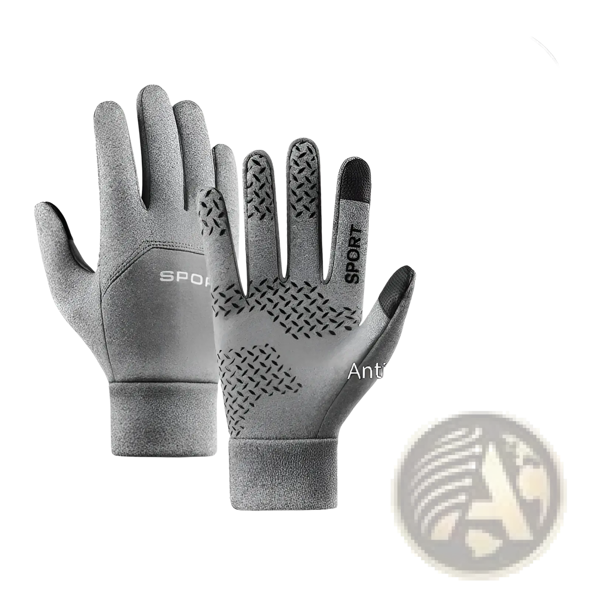 Waterproof thermal touchscreen gloves in gray with textured non-slip silicone grip on fingertips and palm