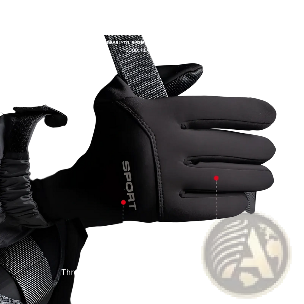 Black waterproof thermal touchscreen gloves made of nylon with a sport logo on the back side for outdoor use