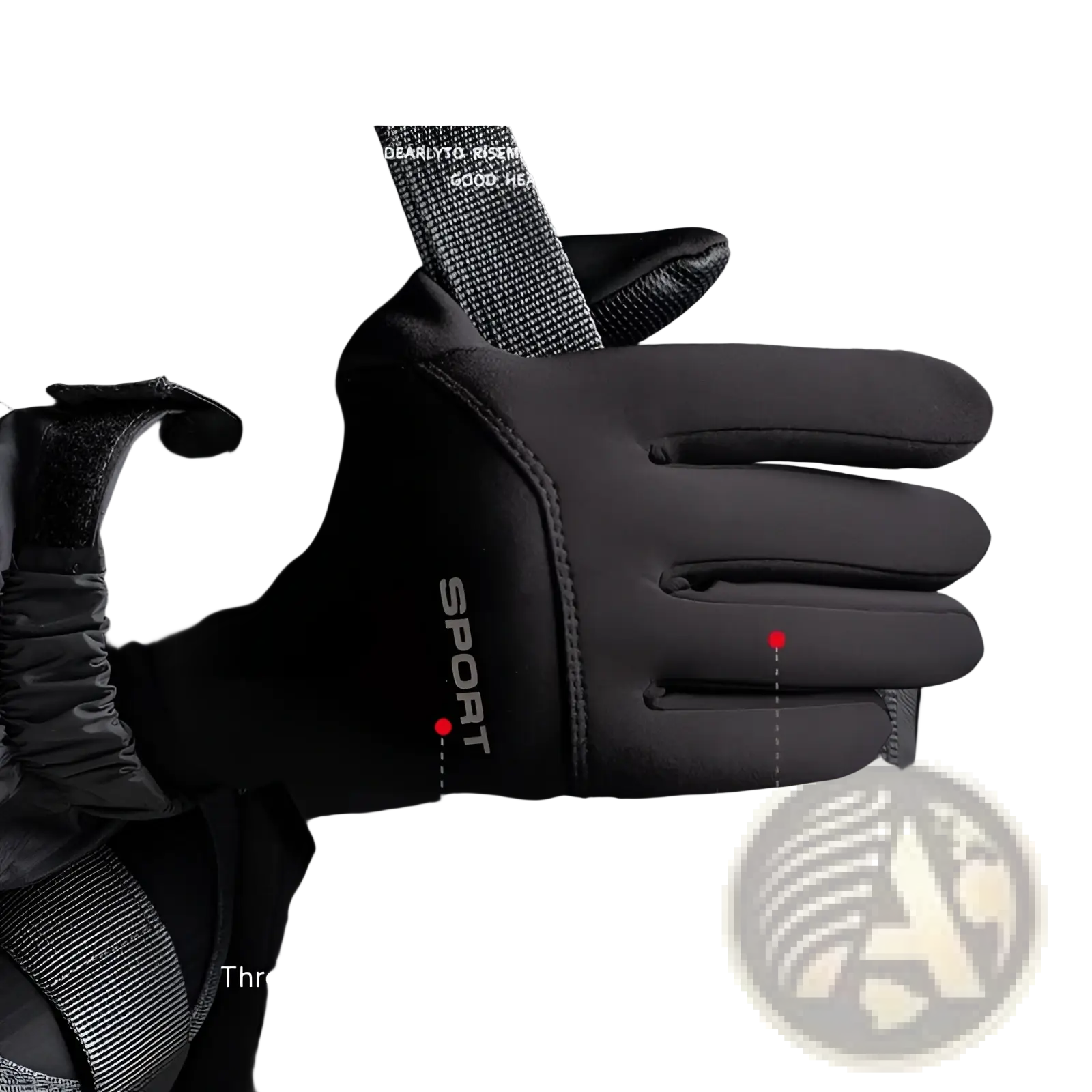 Black waterproof thermal touchscreen gloves made of nylon with a sport logo on the back side for outdoor use
