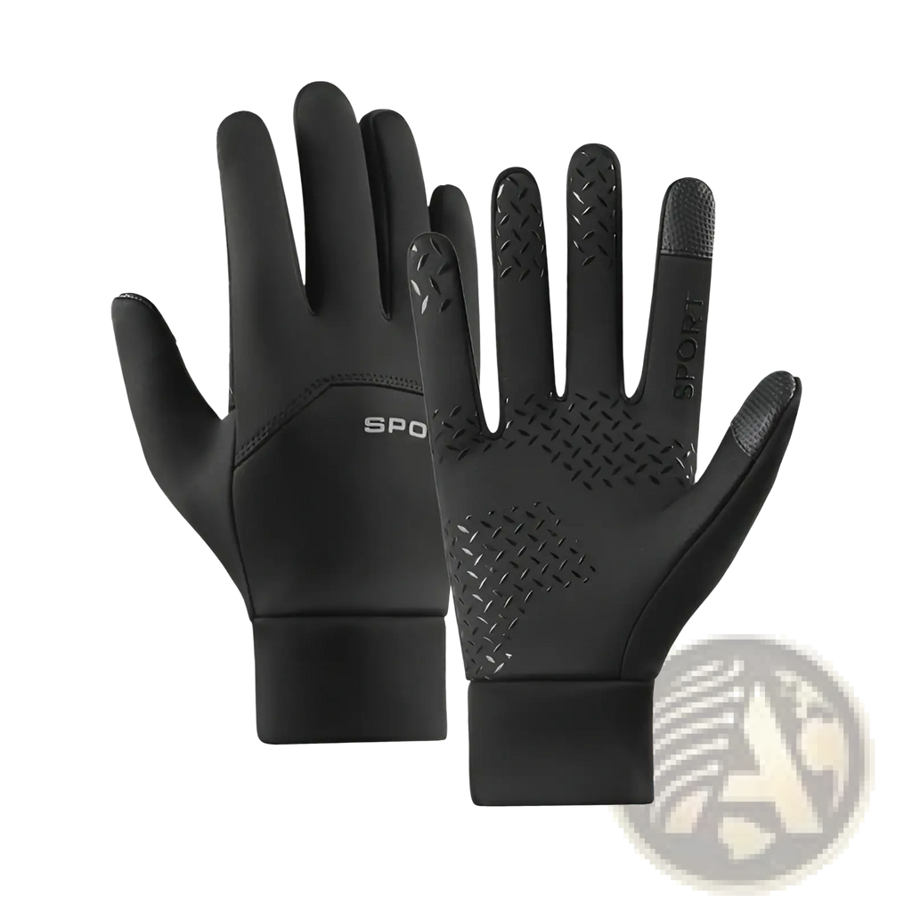 Black waterproof thermal touchscreen gloves with textured grip on fingers and palm featuring a sleek sporty design