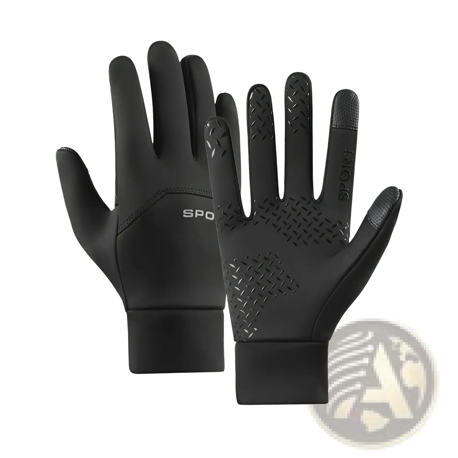 Black waterproof thermal touchscreen gloves with textured grip on fingers and palm featuring a sleek sporty design