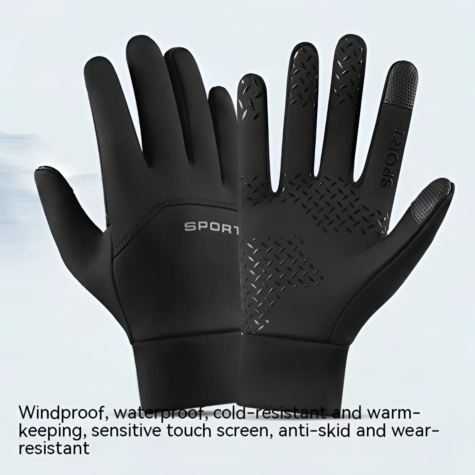 Waterproof thermal touchscreen gloves in black with textured grip patterns for outdoor sports use, showing the back side