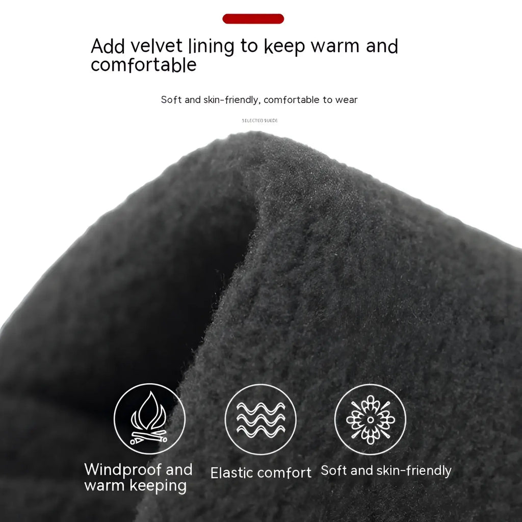 Dark gray fleece-lined beanie with soft plush texture for warmth and comfort paired with waterproof thermal touchscreen gloves